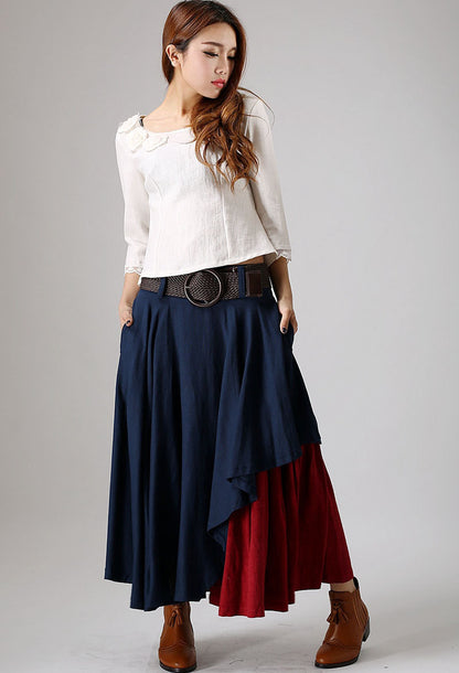Navy Linen Layered Maxi Skirt - Pleated, Side Zip, Pockets 869