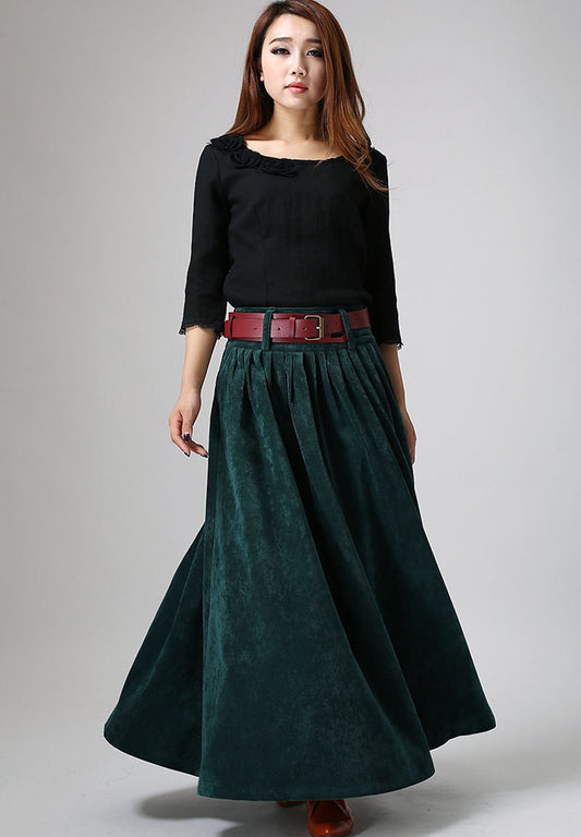 Women's winter Teal green corduroy Pleated Skirt MM61#