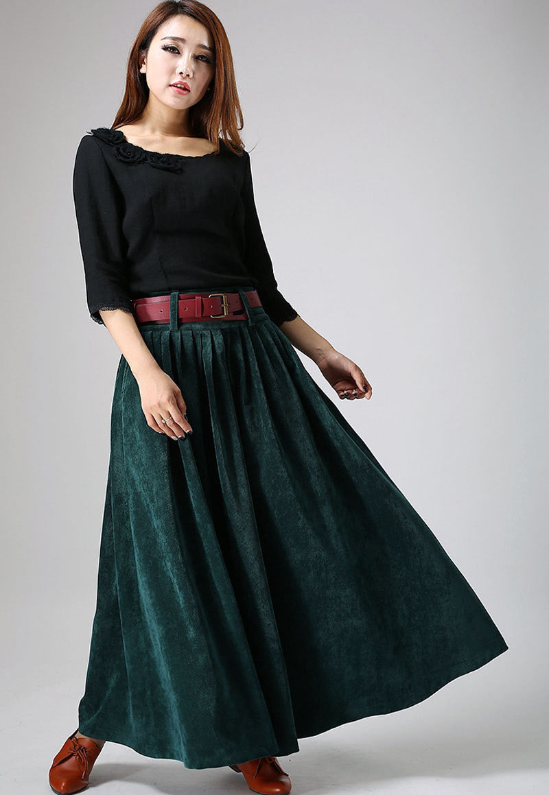 Women's winter Teal green corduroy Pleated Skirt MM61#