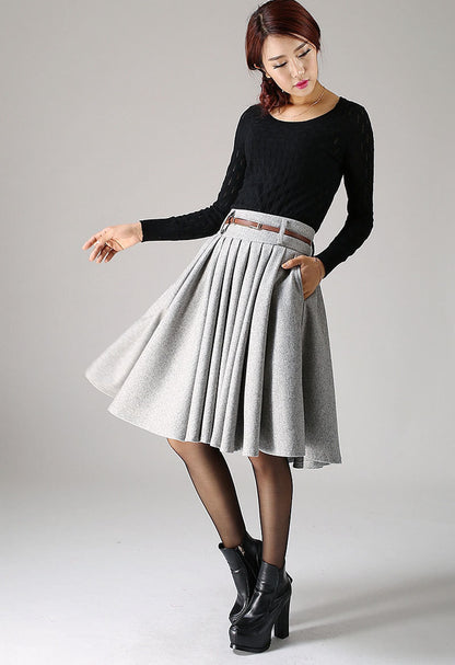 Light Gray Wool Pleated Skirt – Knee Length Work Skirt with Pockets 1097