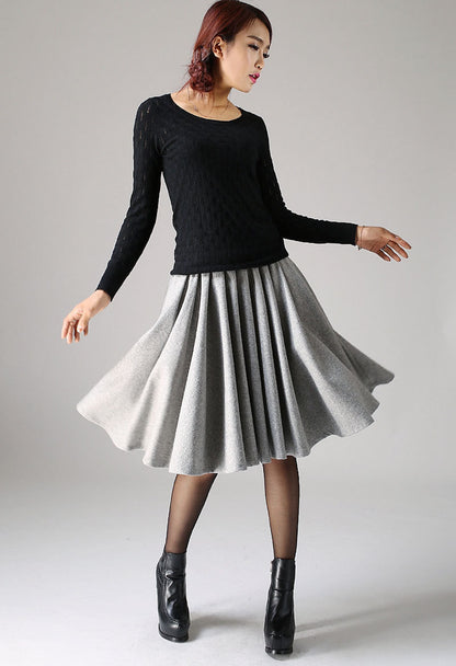 Light Gray Wool Pleated Skirt – Knee Length Work Skirt with Pockets 1097