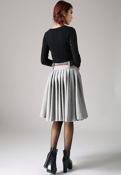 Light Gray Wool Pleated Skirt – Knee Length Work Skirt with Pockets 1097