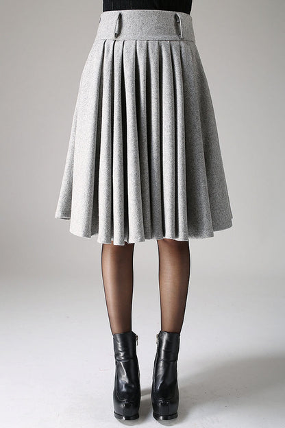 Light Gray Wool Pleated Skirt – Knee Length Work Skirt with Pockets 1097