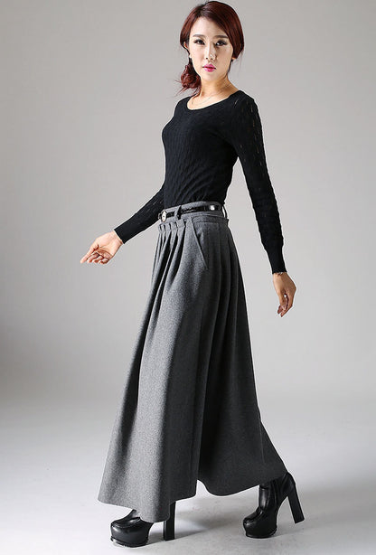 High-waisted dark gray winter maxi skirt with ruffle waistband