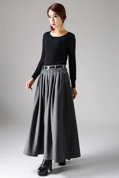 Handmade Dark Gray Pleated Wool Maxi Skirt – Warm A-Line Swing Skirt 1094