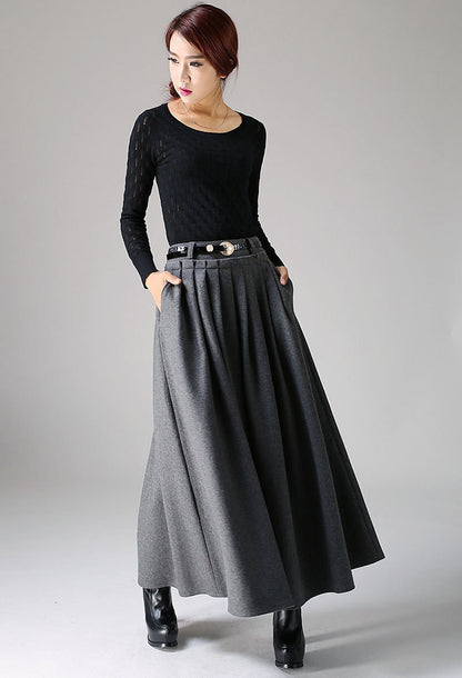 Dark Gray Wool Maxi Skirt – Pleated High Waist Full-Length Skirt