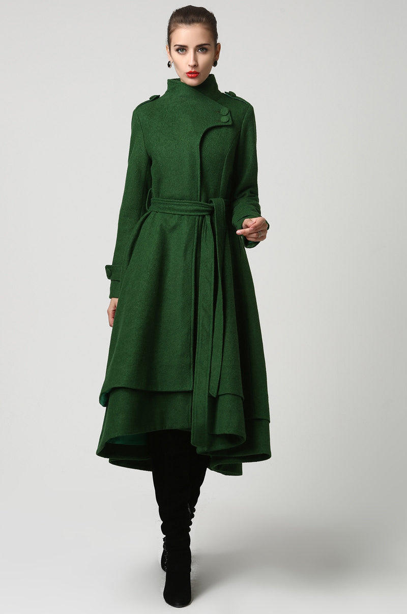Vintage Dark Green Wool Blend Women's Coat – Military Collar & A-Line Hem 1112