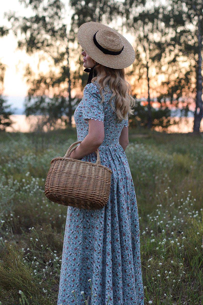 Floral Linen Dress with Lace Edging