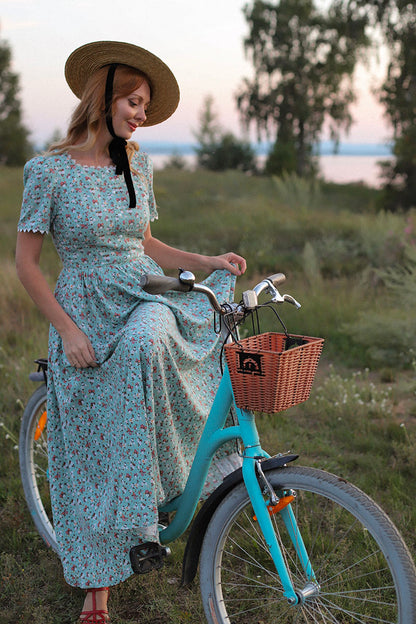Floral Linen Dress - Modest Cottagecore Silhouette with Lace Edging 3048