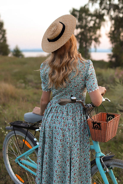 Floral Linen Dress - Modest Cottagecore Silhouette with Lace Edging 3048