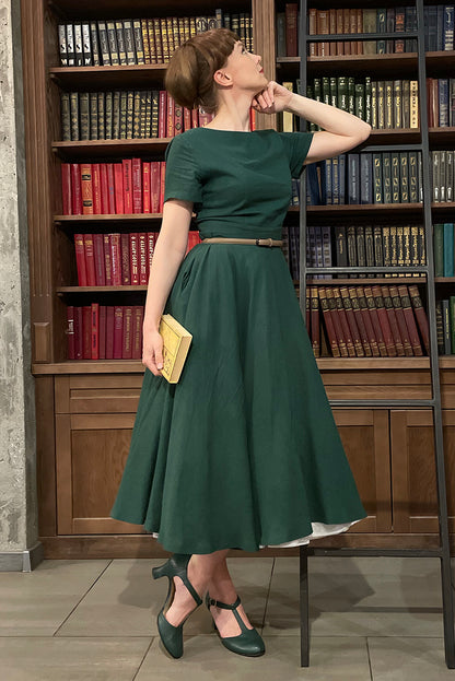 Emerald Green Linen Blend Midi Dress - High Waist Flared Swing 3663