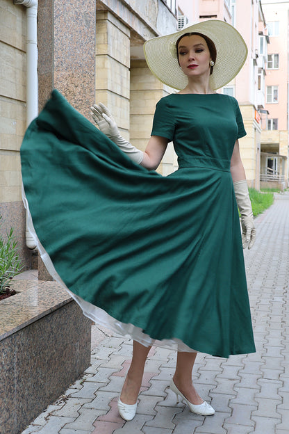 Emerald Green Linen Blend Midi Dress - High Waist Flared Swing 3663