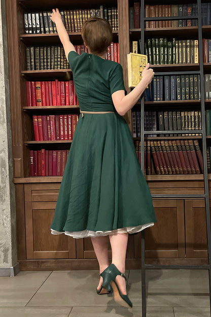 Emerald Green Linen Blend Midi Dress - High Waist Flared Swing 3663