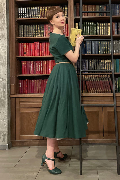 Emerald Green Linen Blend Midi Dress - High Waist Flared Swing 3663