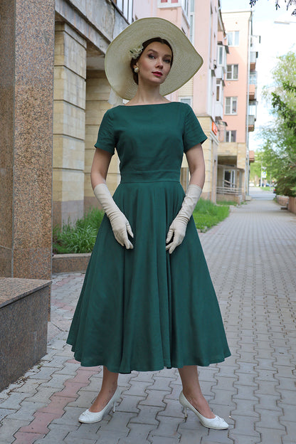 Emerald Green Linen Blend Midi Dress - High Waist Flared Swing 3663