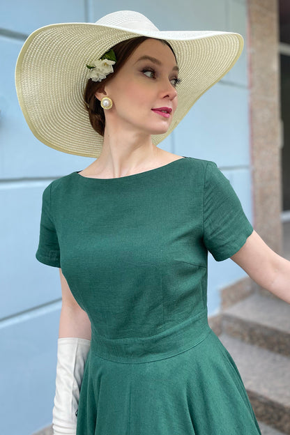 Emerald Green Linen Blend Midi Dress - High Waist Flared Swing 3663