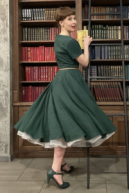 Emerald Green Linen Blend Midi Dress - High Waist Flared Swing 3663