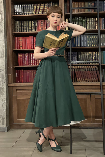 Emerald Green Linen Blend Midi Dress - High Waist Flared Swing 3663