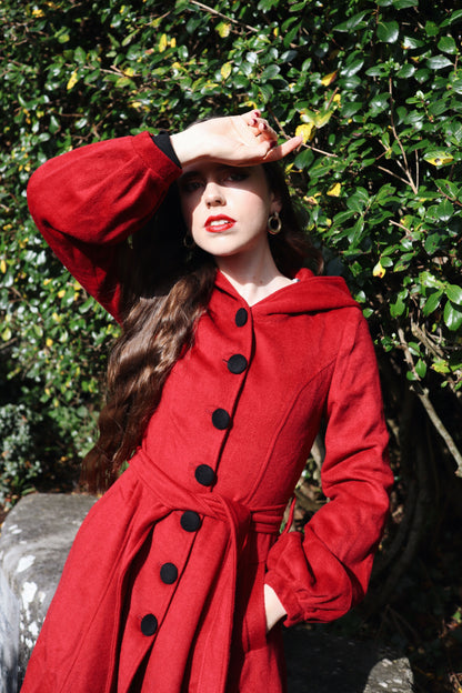 Red Wool-Blend Fit & Flare Coat - Hooded with Tie Waist 3229