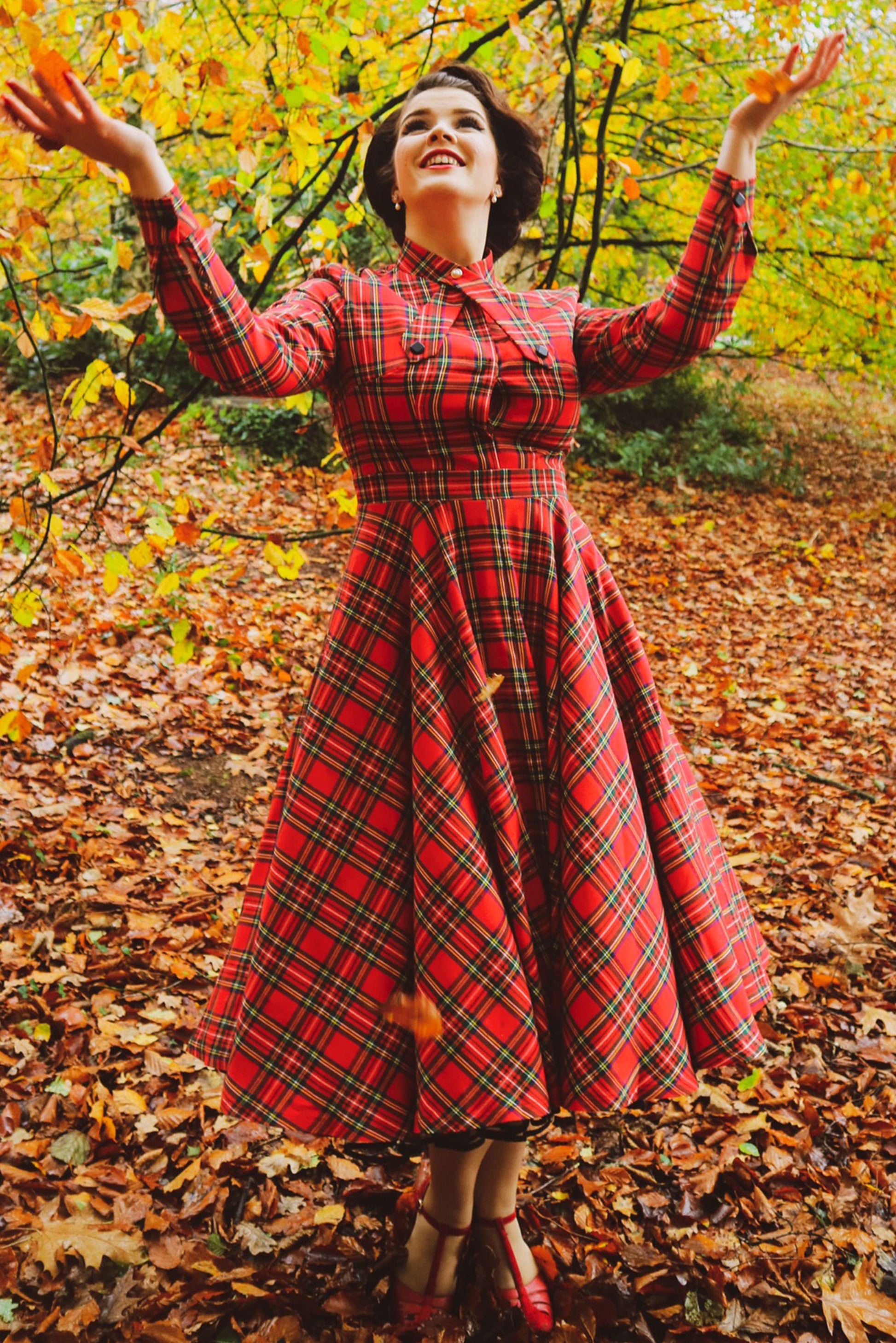 Plaid Fit & Flare Dress - Vintage Knee Length Long Sleeve | Xiaolizi 2495 - Plaid / XS Plaid Fit & Flare Dress - Vintage Knee Length Long Sleeve | Xiaolizi 2495 - Plaid / XS