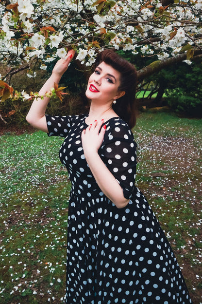 Black Polka Dot Chiffon Dress - Illusion Neck Swing Midi | Xiaolizi 3465
