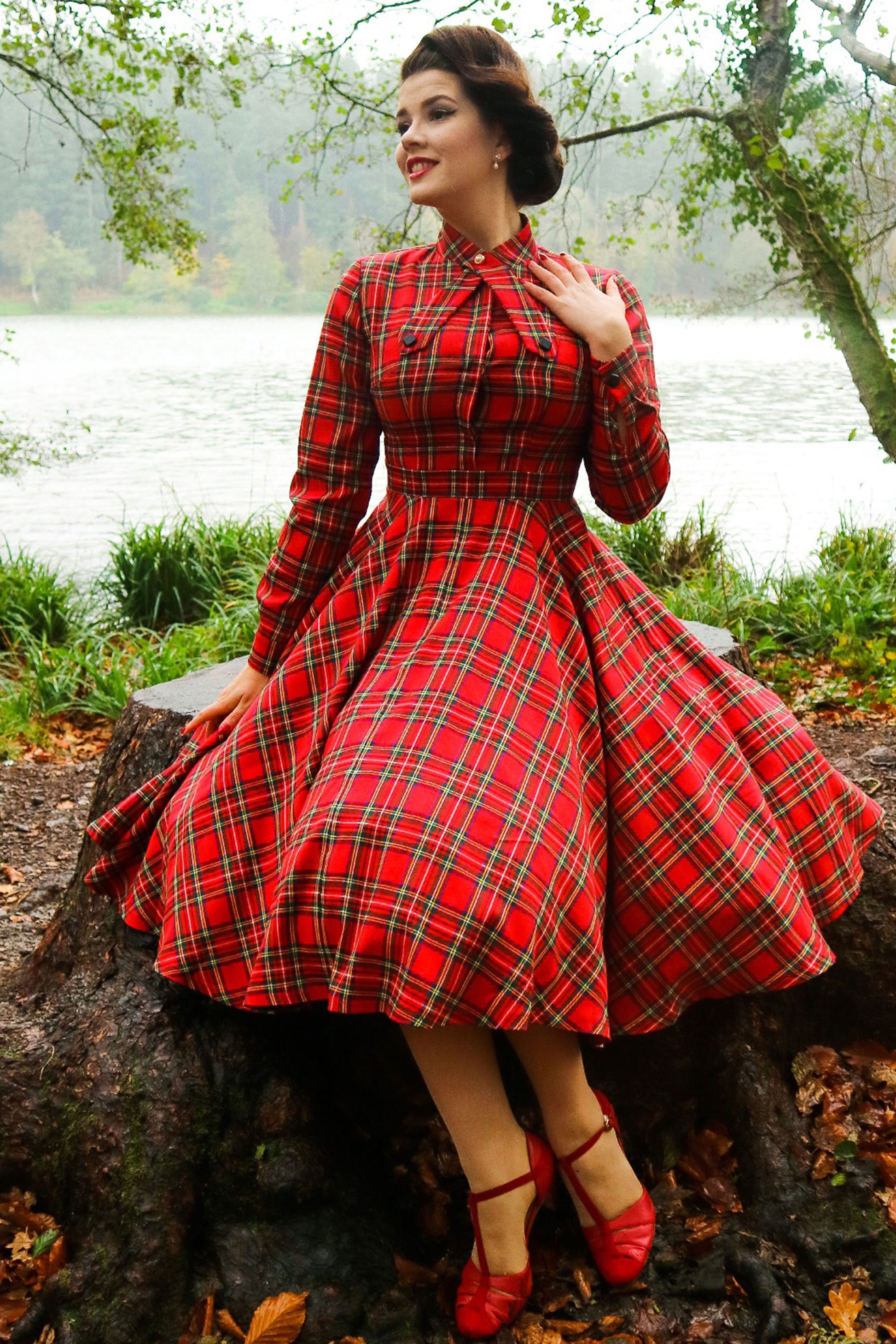 Plaid Fit & Flare Dress - Vintage Knee Length Long Sleeve | Xiaolizi 2495 - Plaid / XS Plaid Fit & Flare Dress - Vintage Knee Length Long Sleeve | Xiaolizi 2495 - Plaid / XS