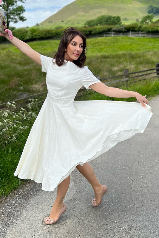 White Linen Short Sleeve Women Summer Midi Dress 3706