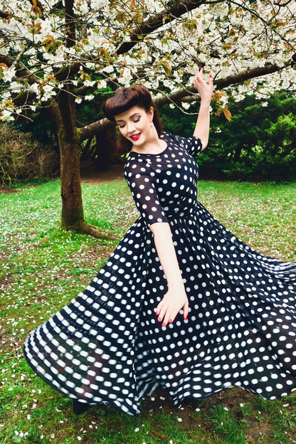 Black Polka Dot Chiffon Dress - Illusion Neck Swing Midi | Xiaolizi 3465