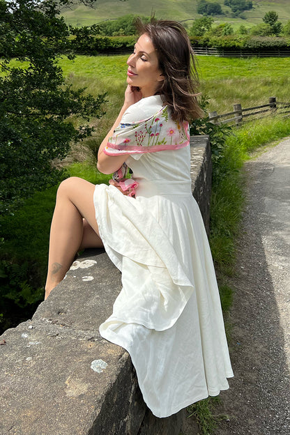 White Linen Short Sleeve Women Summer Midi Dress 3706