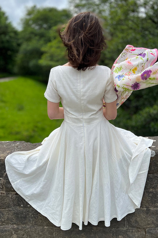 White Linen Blend Midi Dress - Fitted Waist with Boat Neck 3706