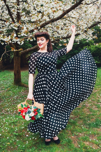 Black Polka Dot Chiffon Dress - Illusion Neck Swing Midi | Xiaolizi 3465