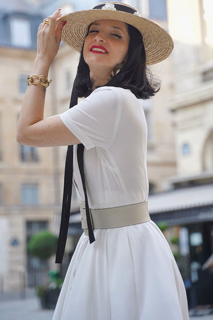 White Swing Shirt Dress - Notched Collar Belt Pockets | Xiaolizi 3449