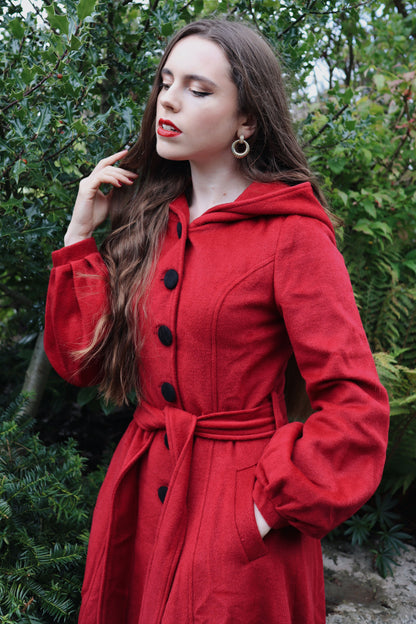 Red Wool-Blend Fit & Flare Coat - Hooded with Tie Waist 3229