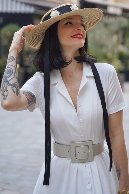 White Swing Shirt Dress - Notched Collar Belt Pockets | Xiaolizi 3449