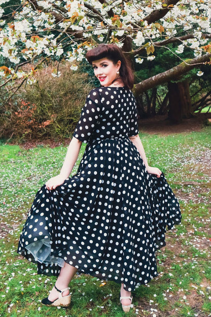 Black Polka Dot Chiffon Dress - Illusion Neck Swing Midi | Xiaolizi 3465