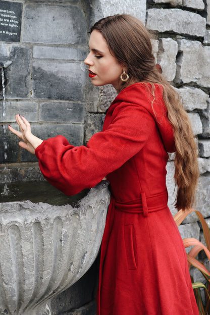 Red Wool-Blend Fit & Flare Coat - Hooded with Tie Waist 3229