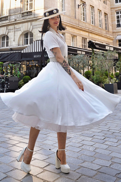 White Swing Shirt Dress - Notched Collar Belt Pockets | Xiaolizi 3449