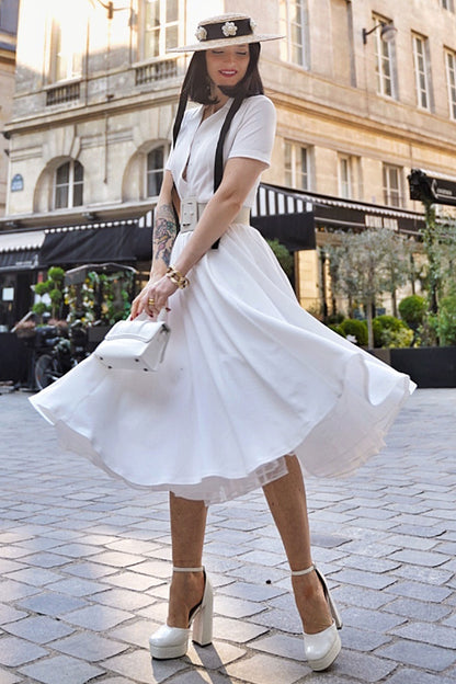 White Swing Shirt Dress - Notched Collar Belt Pockets | Xiaolizi 3449