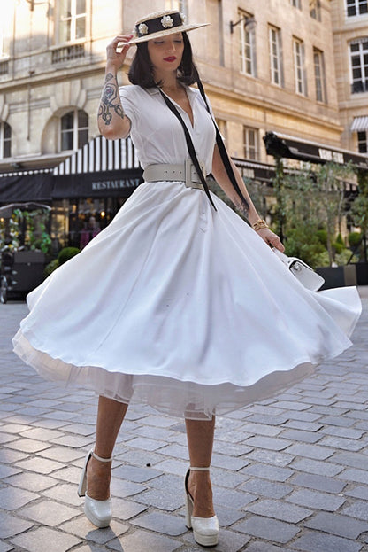 White Swing Shirt Dress - Notched Collar Belt Pockets | Xiaolizi 3449