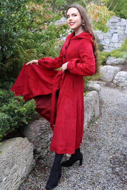 Red Wool-Blend Fit & Flare Coat - Hooded with Tie Waist 3229