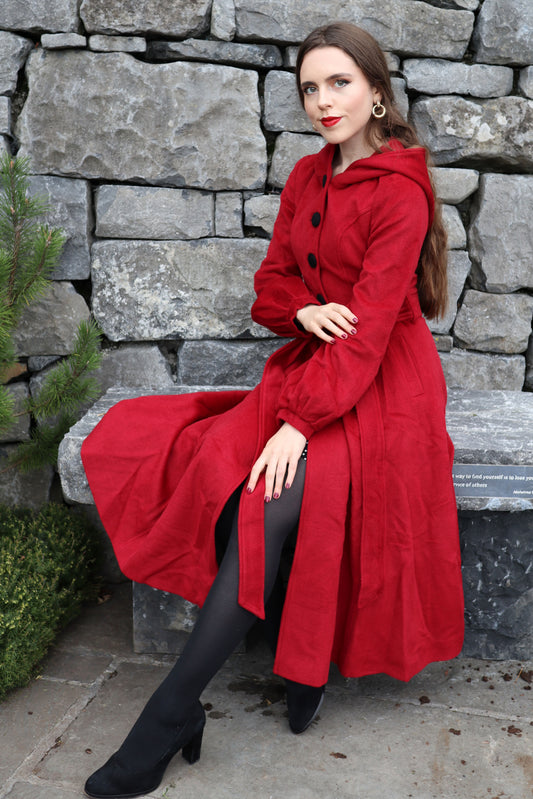 Red Wool-Blend Fit & Flare Coat - Hooded with Tie Waist 3229