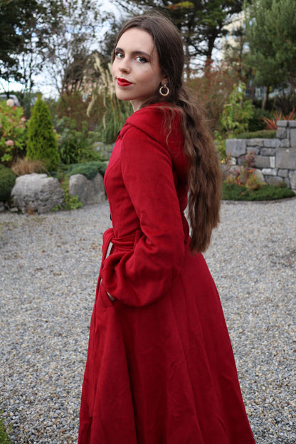Red Wool-Blend Fit & Flare Coat - Hooded with Tie Waist 3229