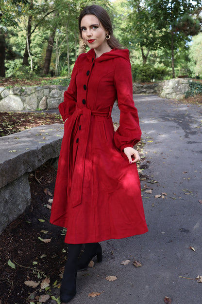 Red Wool-Blend Fit & Flare Coat - Hooded with Tie Waist 3229