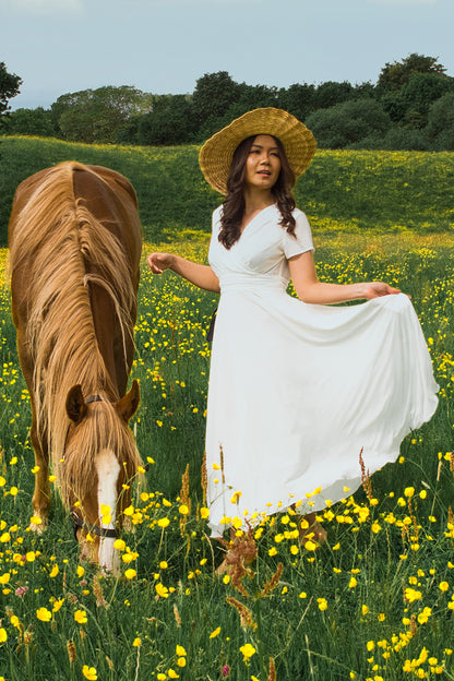 White Chiffon Midi Dress - Empire Waist with Cap Sleeves 3648