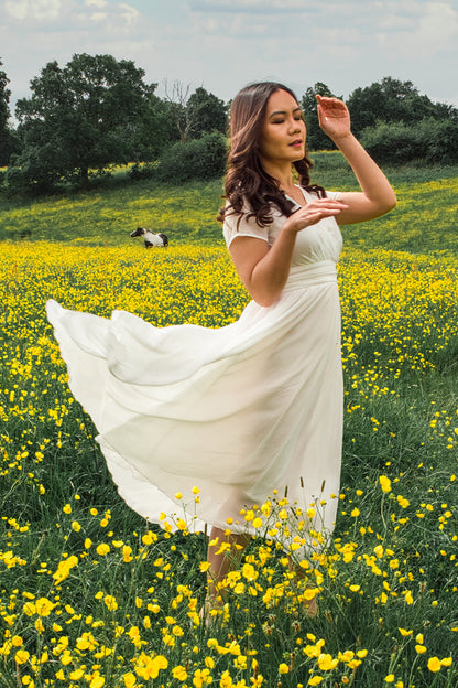 White Chiffon Midi Dress - Empire Waist with Cap Sleeves 3648