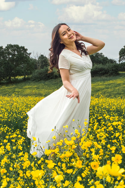 White Chiffon Midi Dress - Empire Waist with Cap Sleeves 3648