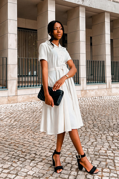 Summer White Button Front Midi Shirt Dress 3607