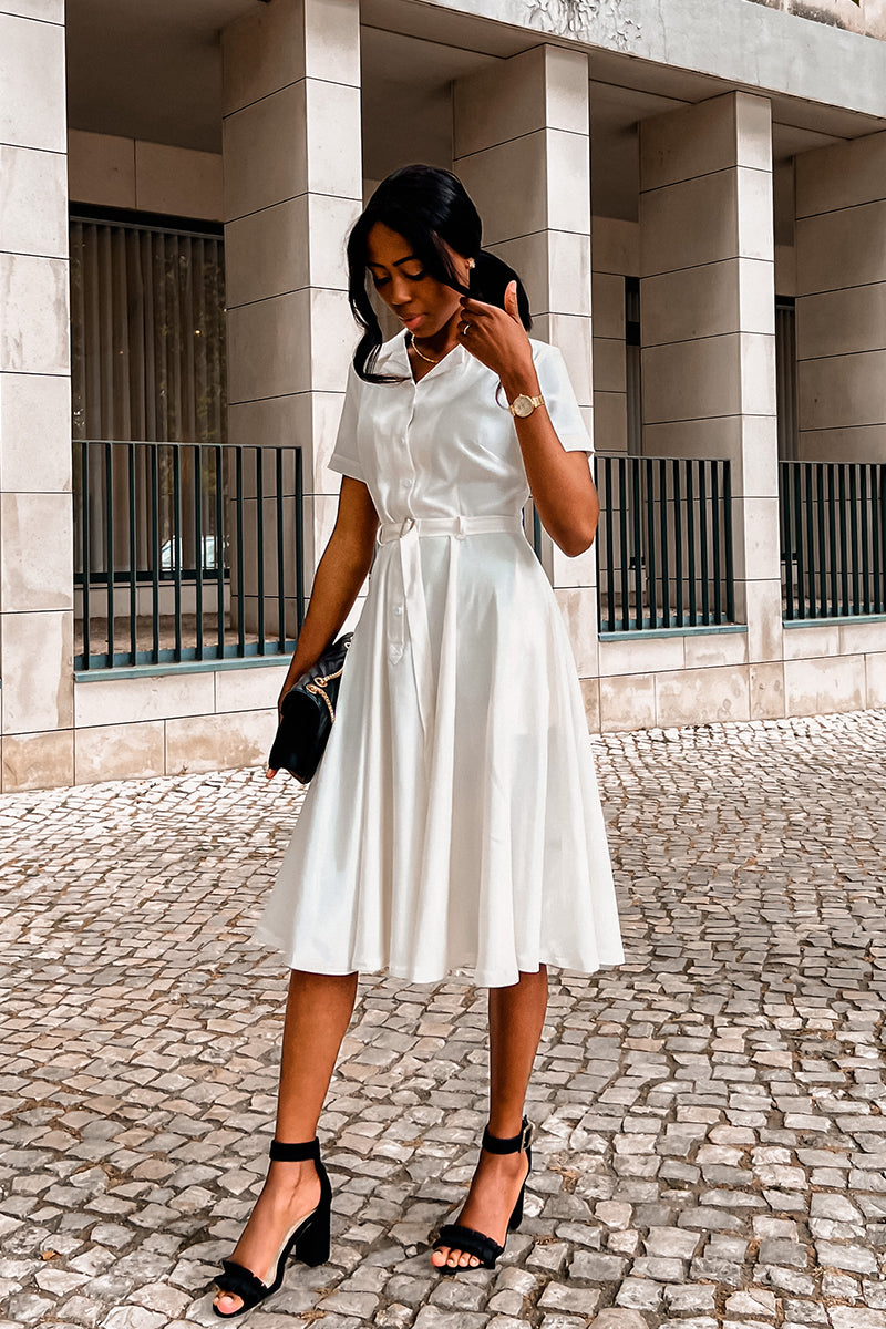 White Linen Cotton Midi Shirt Dress with Button Front and Collar White Linen Cotton Midi Shirt Dress with Button Front and Collar