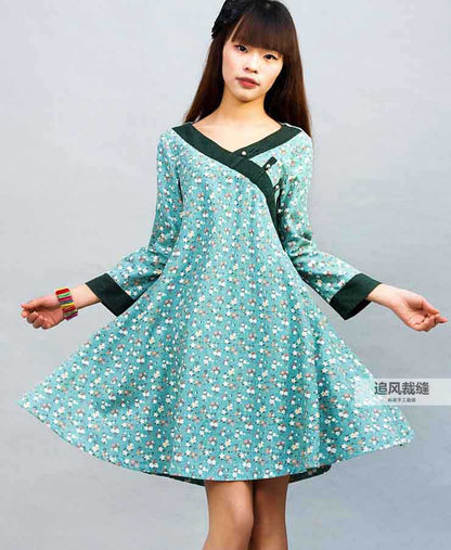 Handmade Green Floral Linen Shirt Dress – Loose Long Top with Buttons | Xiaolizi  0031