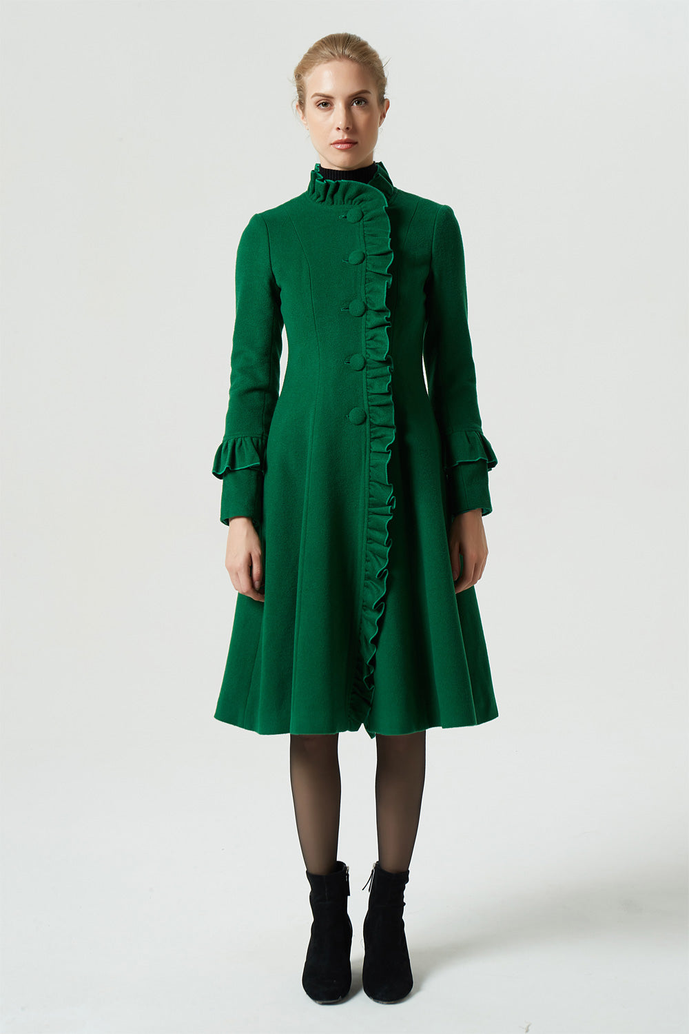 Elegant Green Wool Ruffle Coat A-Line Winter Dress Coat | Xiaolizi Green / XL Elegant Green Wool Ruffle Coat A-Line Winter Dress Coat | Xiaolizi Green / XL